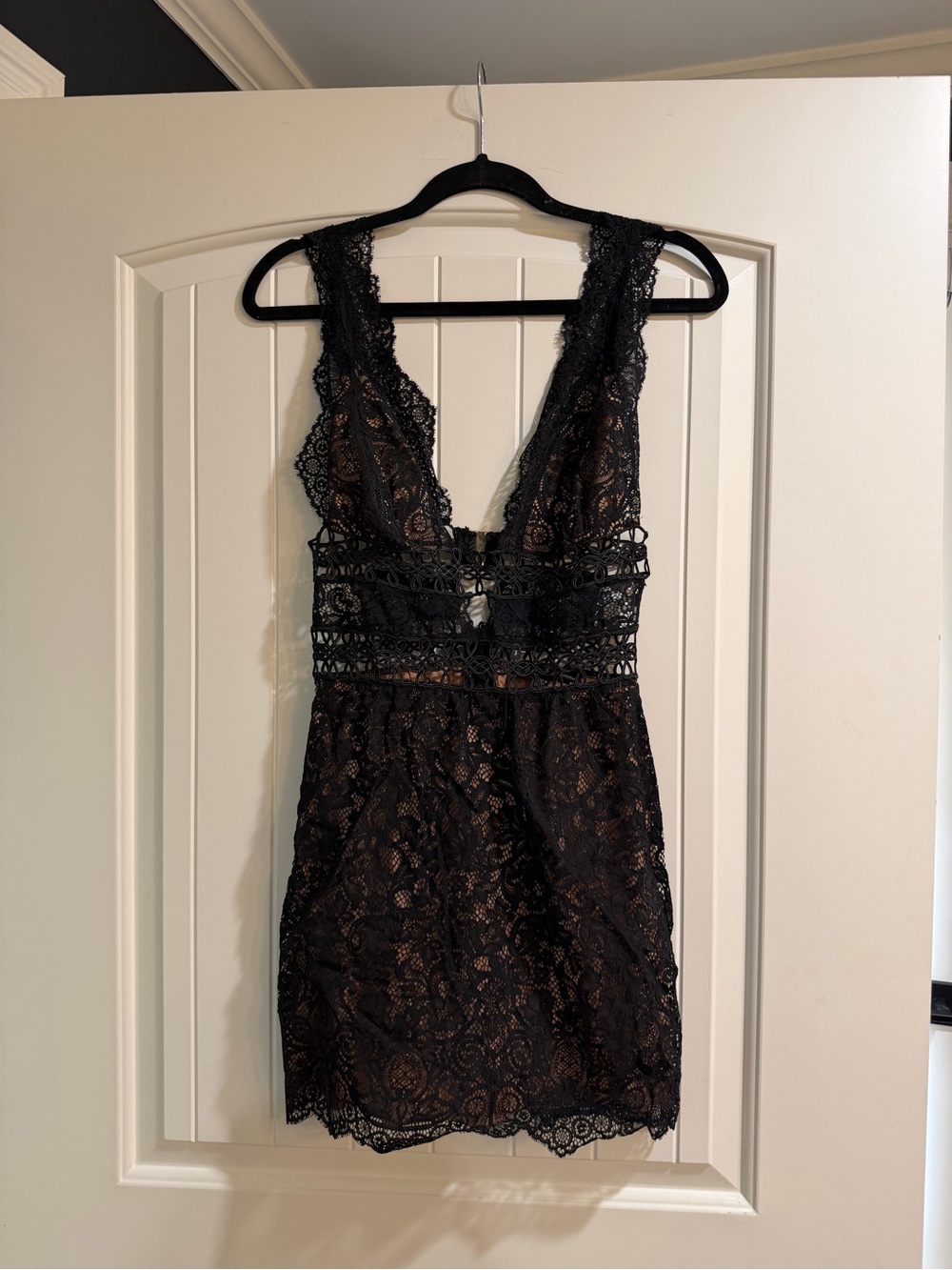 For Love & Lemons mom Cheri mini Black Lace Mini Dress with Nude Lining